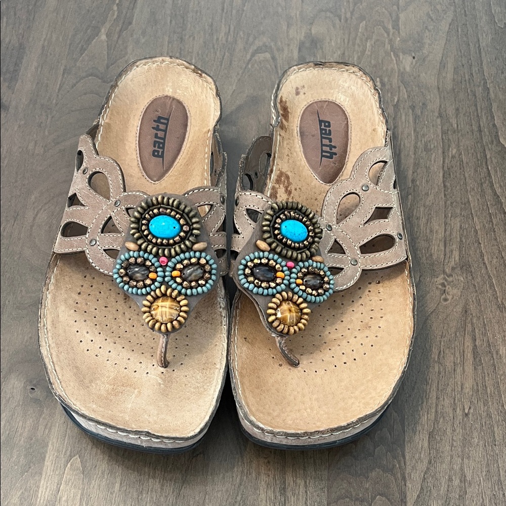 Earth Women's Beaded LeatherMules - Brown and Blue